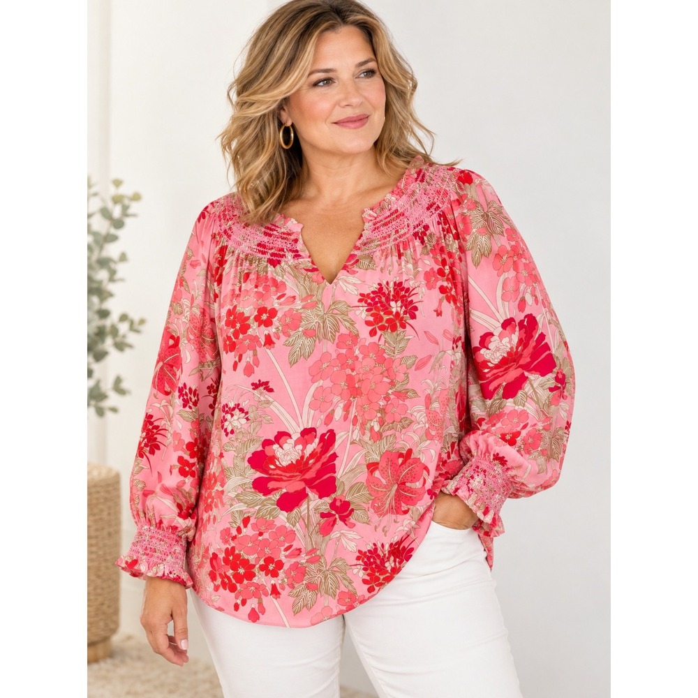 Talbots 2X Pink Coral Peach Floral Smocked V-Neck Blouse 100% Viscose Boho